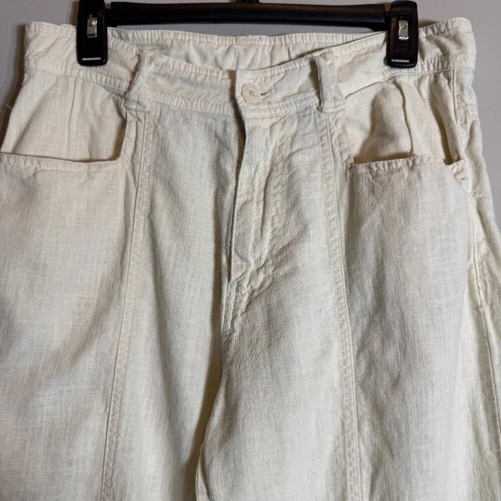 Zara Linen Straight Leg Pants Womens 31 Ivory Lagenlook Minimalist Beach Coastal